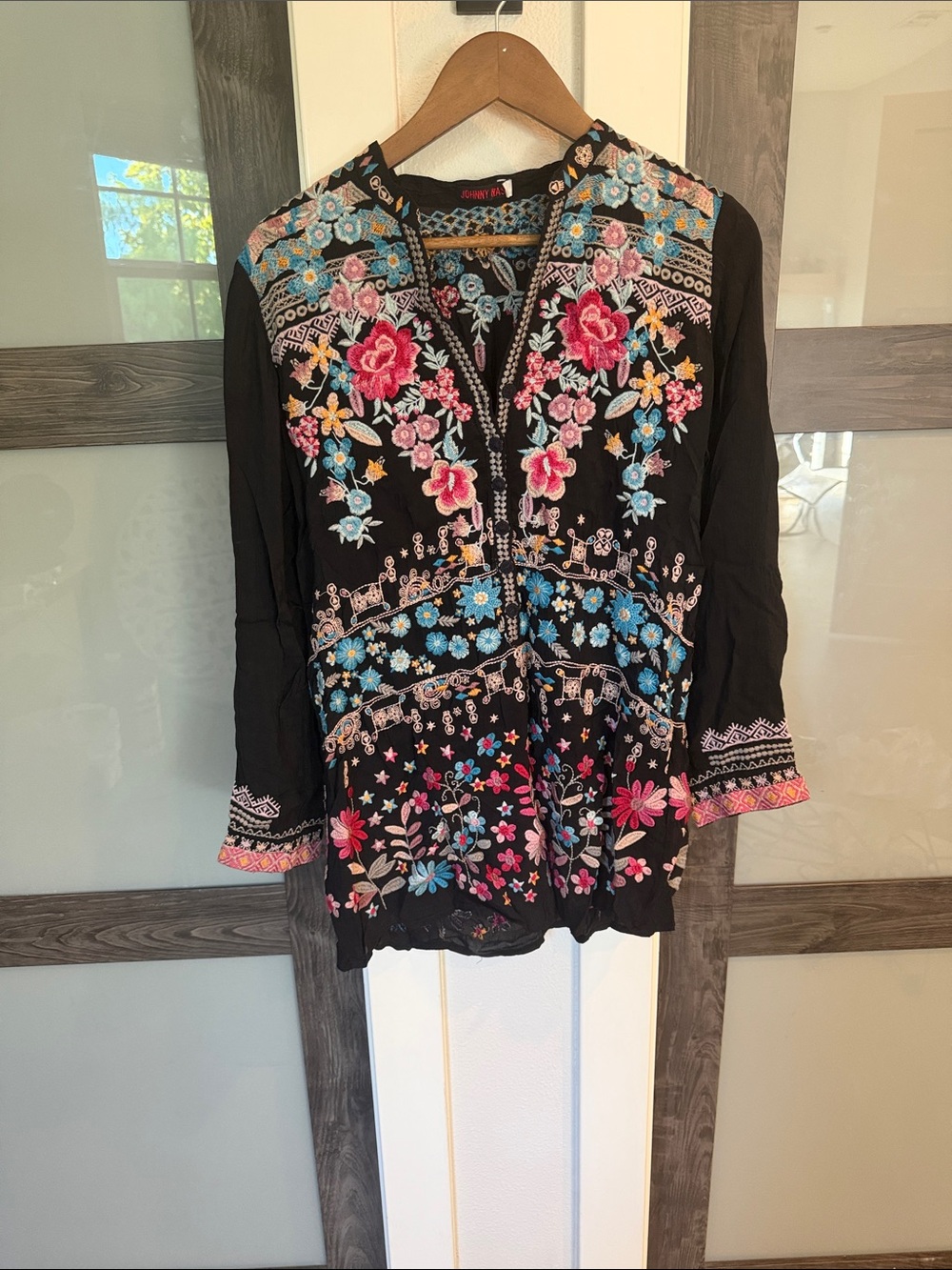 Johnny Was-Embroidered Black Floral Henley Top